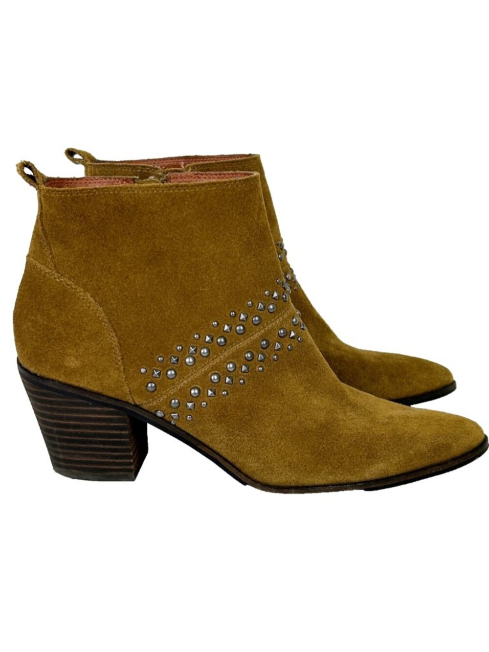 Lucky Brand Latinia Studded Suede Ankle Boots Tan Western Booties Heeled 8.5